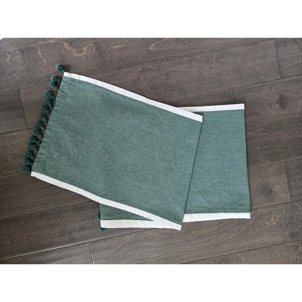 Green Herringbone Tassel Table Runner Farmhouse Boho 66